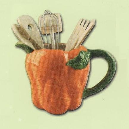 ORNAGE BELL PEPPER 3-D Ceramic Pitcher & Utensils Set NEW