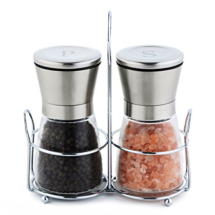 Brushed Stainless Steel Salt and Pepper Shakers or Grinders with Matching Stand and Adjustable Coarseness Feature (Sea Salt)