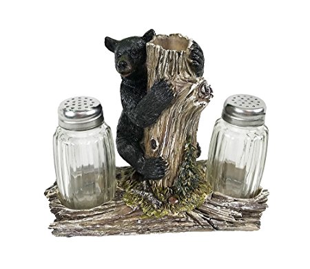 De Leon Collections Black Bear Cub Hugging Tree - Salt and Pepper Shaker Set with Glass Shakers