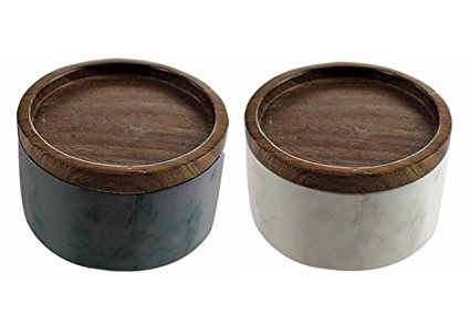 Salt and Pepper Cellar Box Set of Two - Gray and White Marble Covered with Sheesham Wood Lid