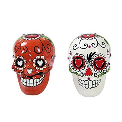 Day of Dead Sugar White & Red Skulls Salt & Pepper Shakers Set Rhinestone DOD by Pacific Giftware