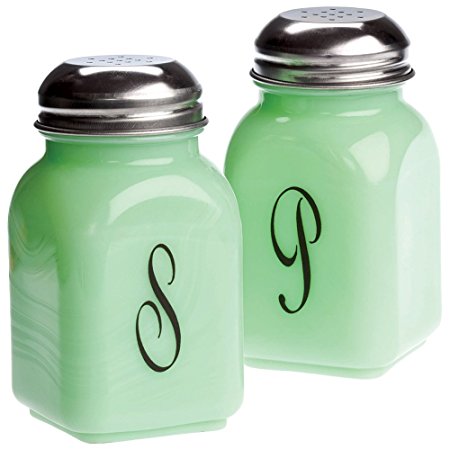 Salt Pepper Script Jadeite Green Milk Glass Salt & Pepper Shaker Set