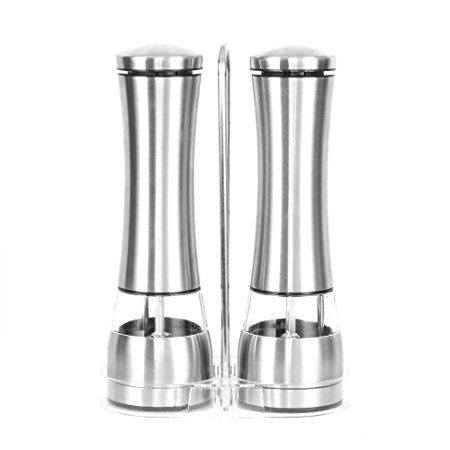 Electric Salt and Pepper Shakers -Salt Pepper Mill -Battery Operated Stainless Steel Grinders Set - Himalayan Salt and Sea Salt Grinder - Adjustable Coarseness - Complimentary Long Handle Tray