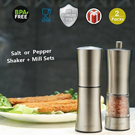 LUTAVOY Salt Pepper Grinder Set,Salt Pepper Shaker Stainless Steel Salt and Pepper Mills,No Rust,Noncorrosive Ceramic,LFGB Approved,BPA Free LK18