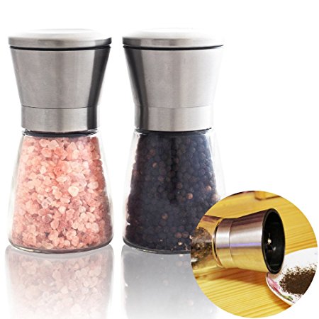 MLMSY 2 PACK Salt and Pepper Shakers Salt and Pepper Grinders Spice Grinder with Coarseness Brushed Stainless Steel Salt and Pepper Mill