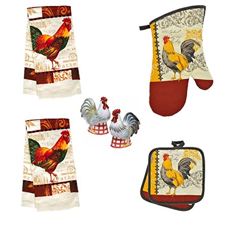 Chicken Rooster Salt and Pepper Shakers Gift Set Includes Kitchen Towels and Pot Holders